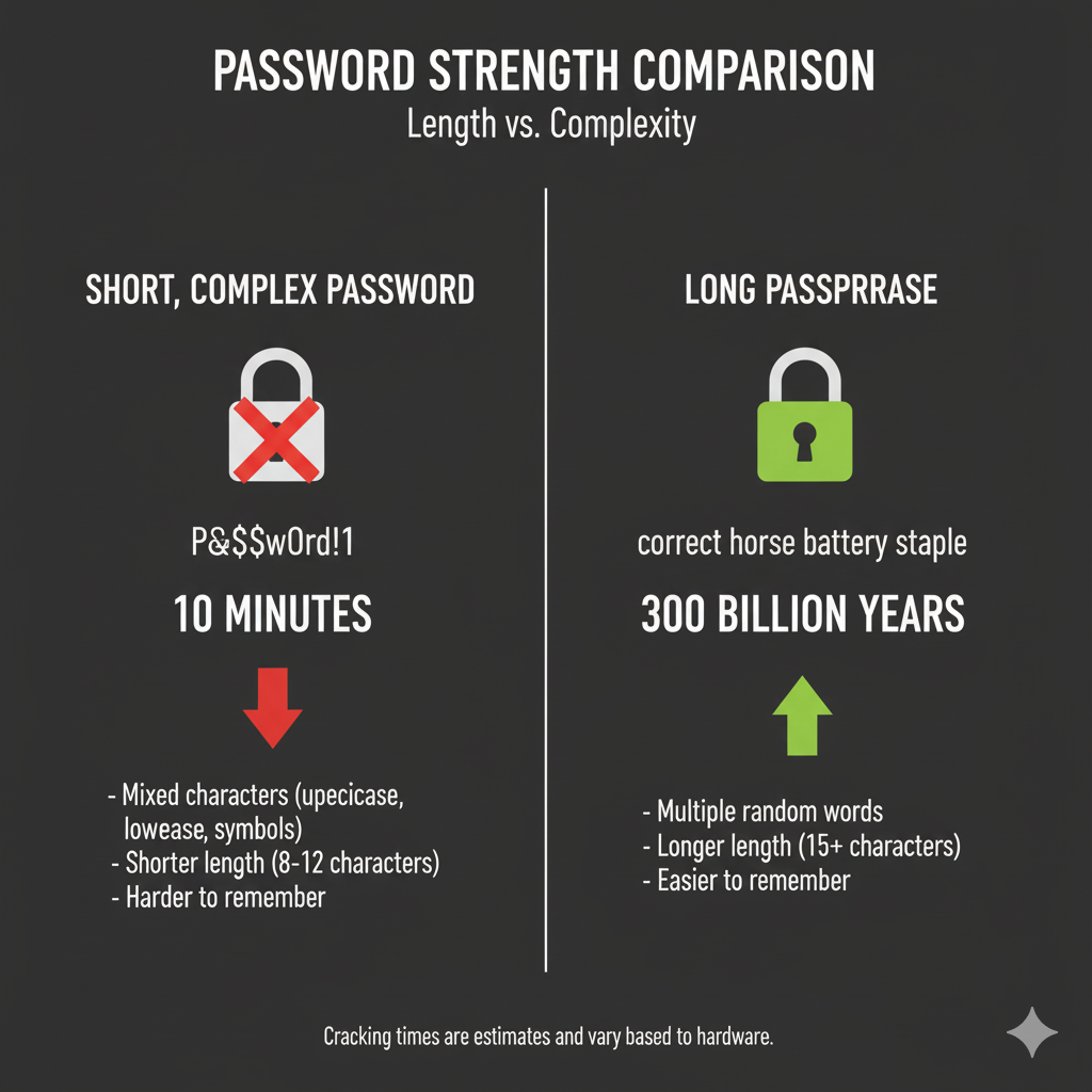 Side-by-side comparison showing how a long passphrase is stronger than a short complex password, with cracking time estimates